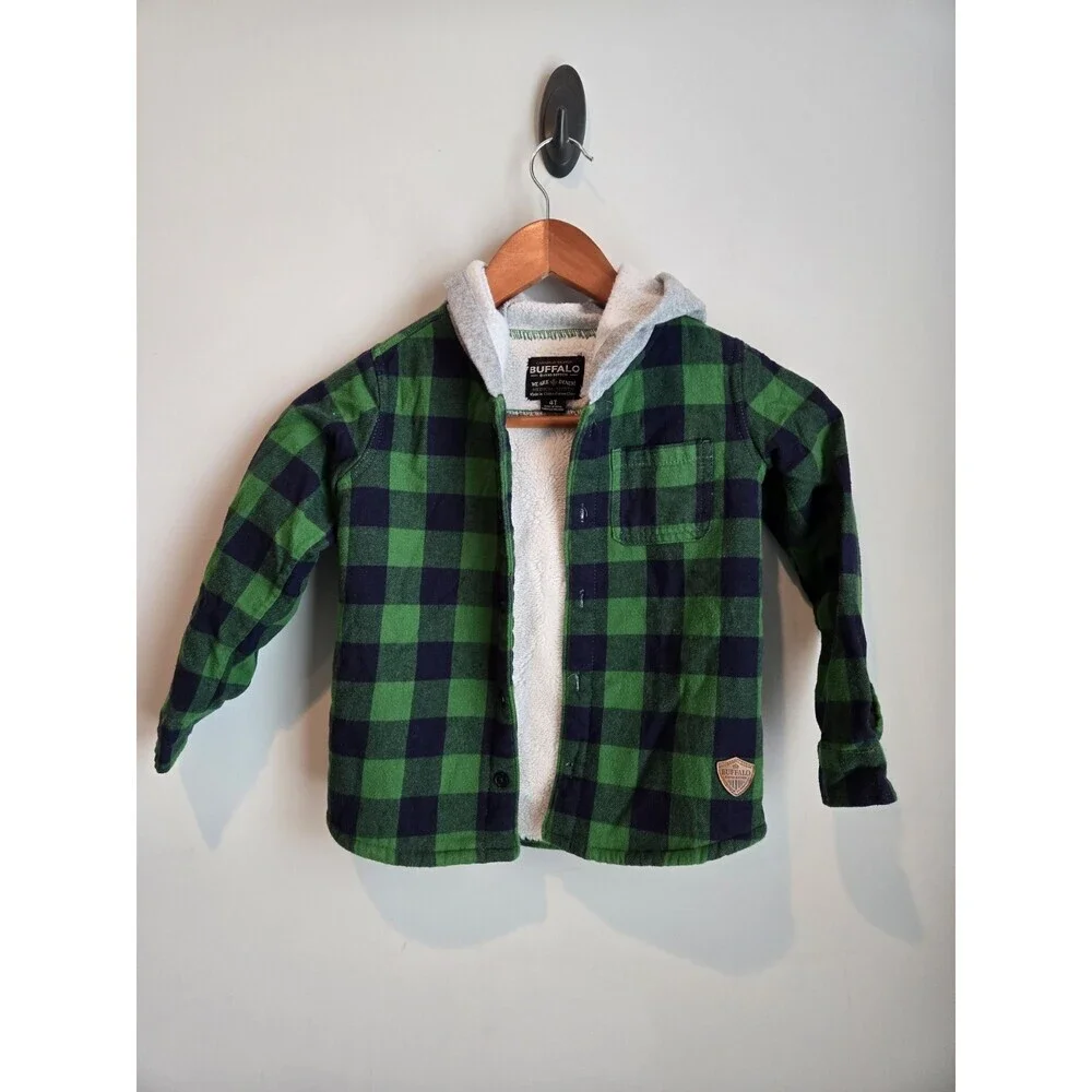 Buffalo David Bitton Boy's Green Black Plaid Sherpa Jacket 4T Boyhood 90s